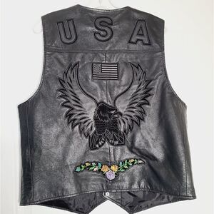 Bikers Club Eagle Leather Vest USA floral embroidery